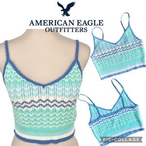 American Eagle Outfitters Blue & Mint Chevron Knit Crop Tank Top Size M